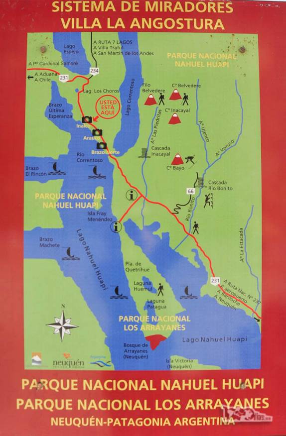 Mapa da região de Villa la Angostura e do pequeno Parque Nacional Los Arrayanes, na Argentina